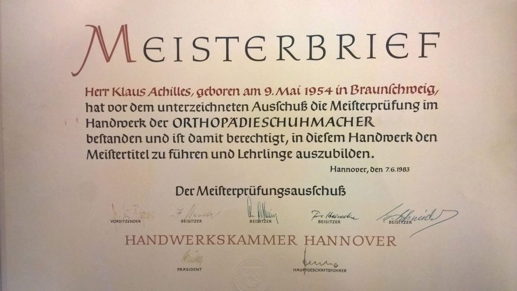 Klaus Achilles - Orthopädie Schuhmacher Meisterbrief 1983 